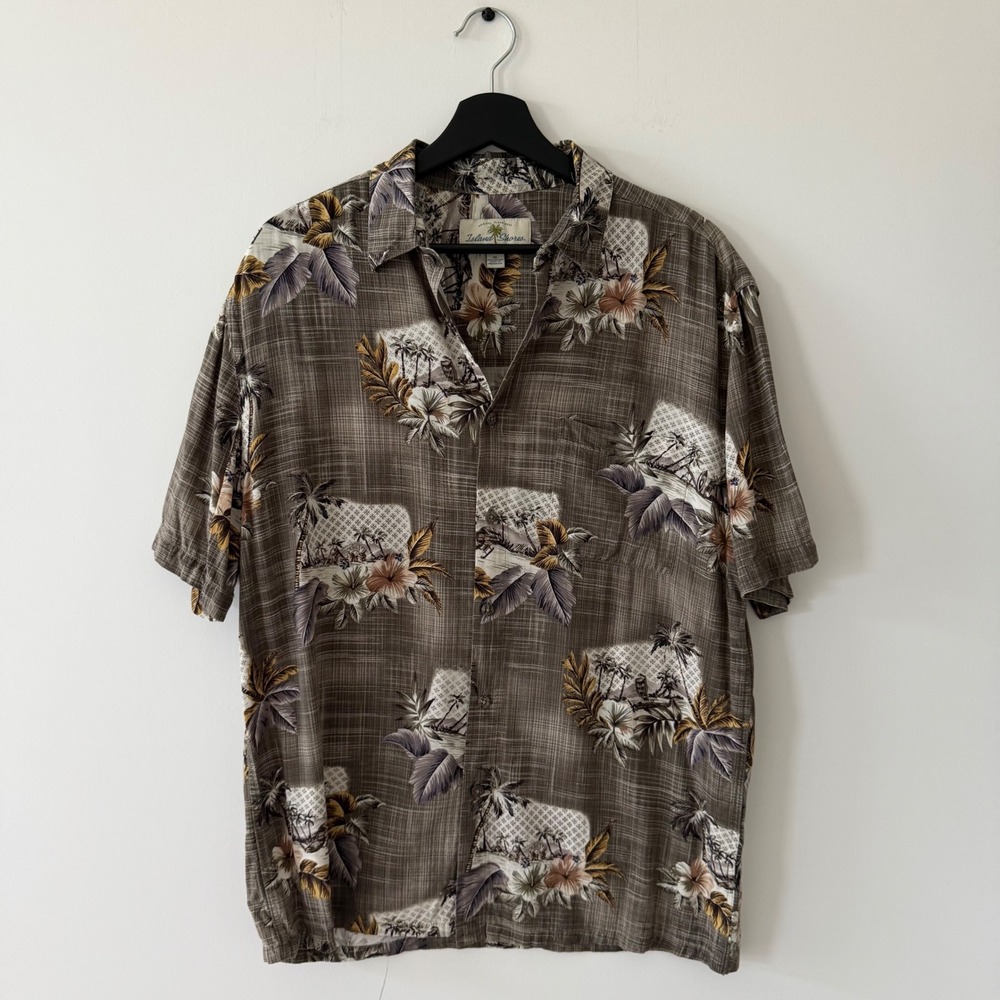 Island Shores Mens Medium Brown Tropical Rayon Short Sleeve Button Down Shirt